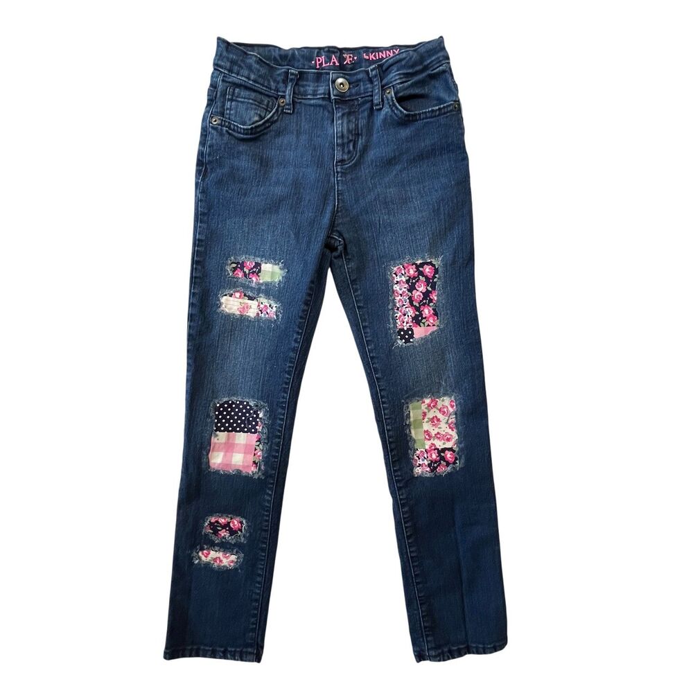 The Childrens Place Jeans Girls 10 Distressed Patches Skinny Adj Waist (W22 L24)
